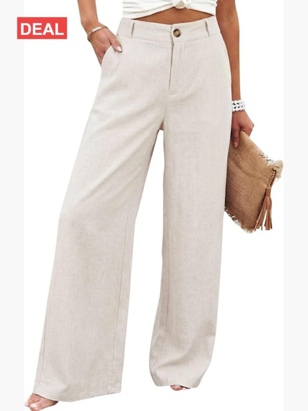 High Waist Wide Leg Linen Cotton Pants Button Front Trousers Casual